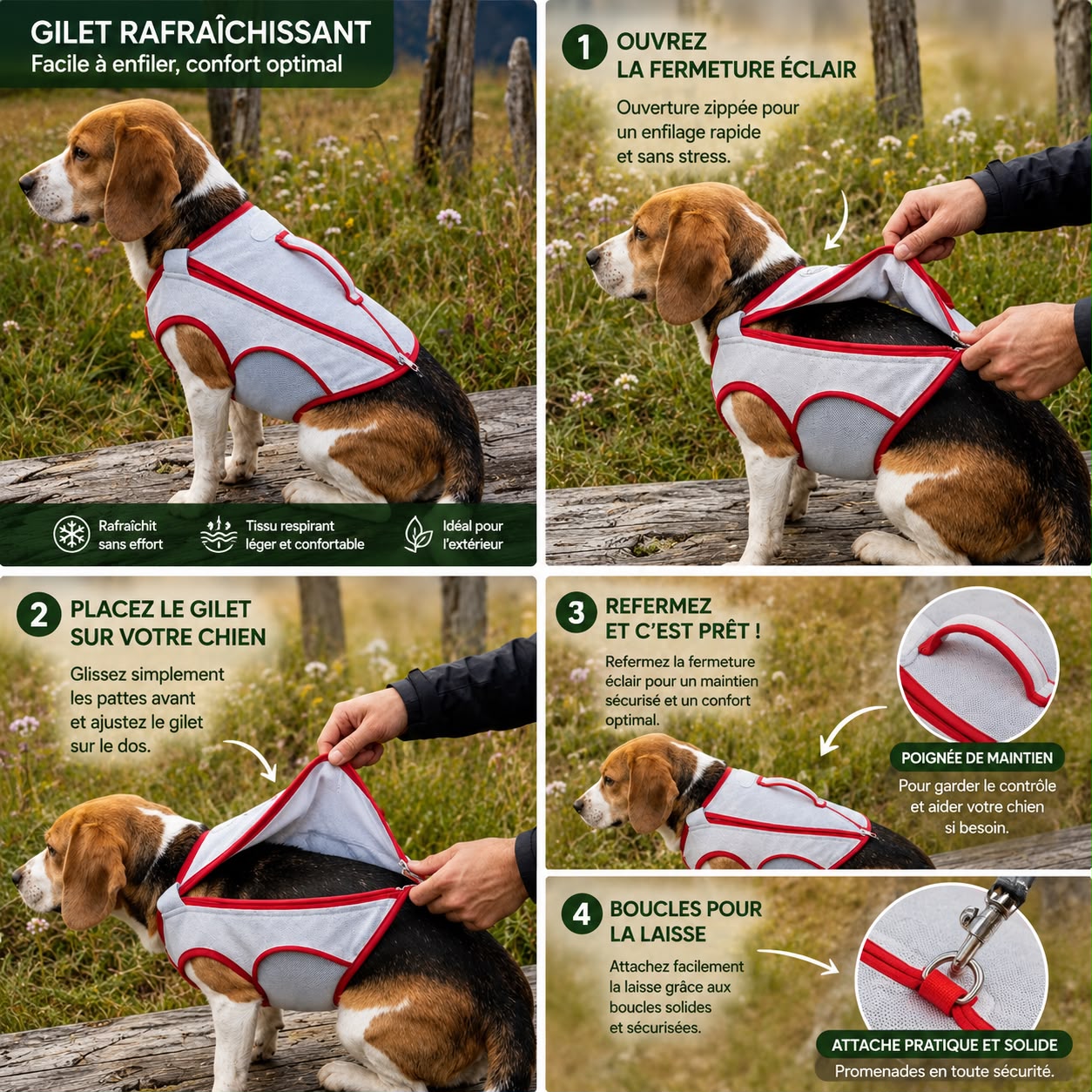 Harnais de refroidissement pour chiens, rafraîchit, protège et sécurise votre chien