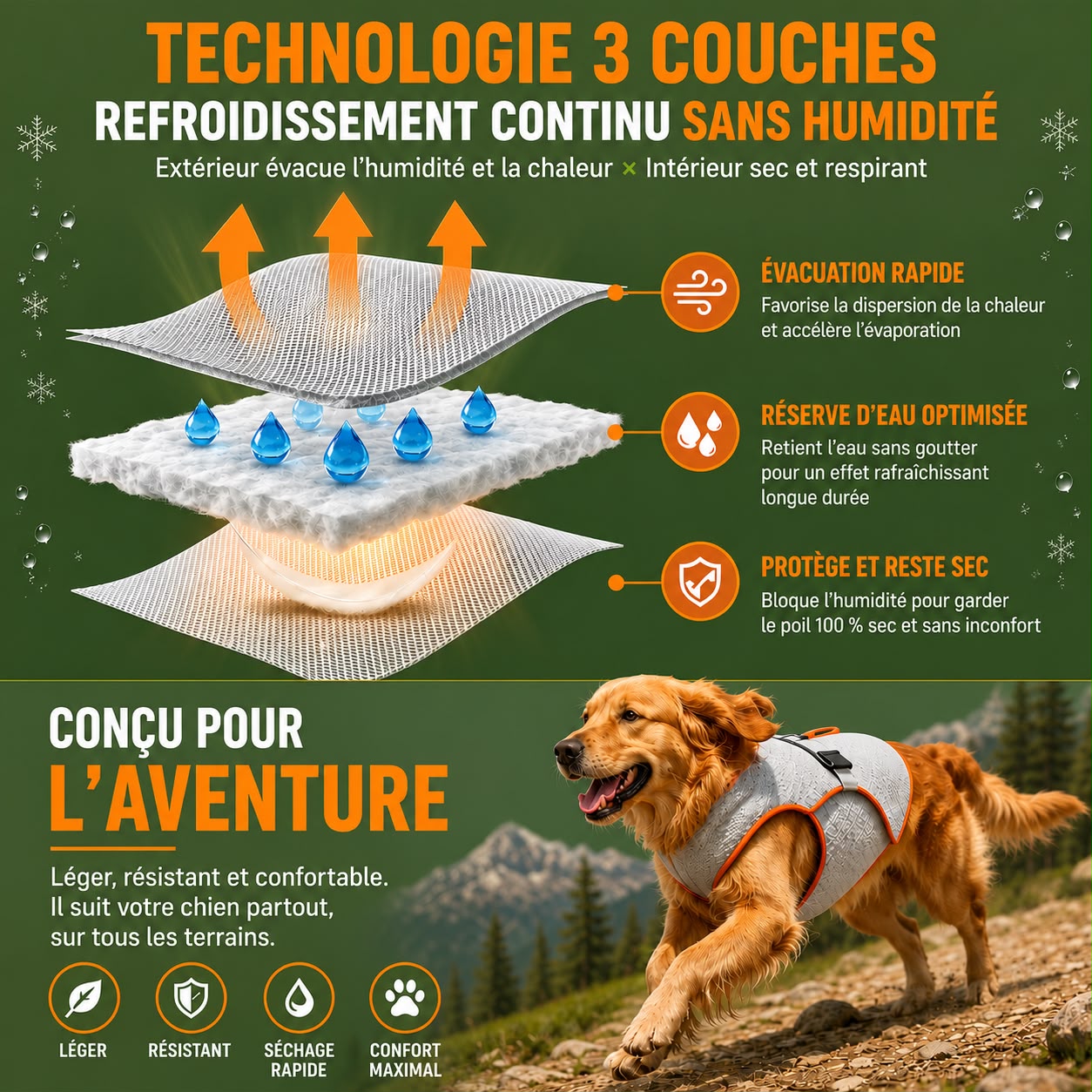 Harnais de refroidissement pour chiens, rafraîchit, protège et sécurise votre chien